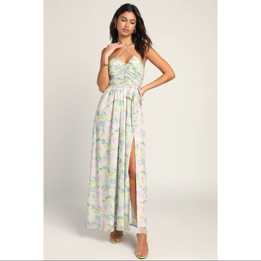 Lulus Effortlessly Abloom Green Multi Floral Ruched Halter Maxi Dress